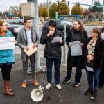 From left, Vicki Clarke, Brock Howell, Megan Dunn, Liz Vogeli and George Hurst listen while Ed Engel speaks during a press conference for World Day of Remembrance for Road Traffic Victims on Monday in Everett. (Olivia Vanni / The Herald)