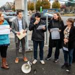 Vicki Clarke, left to right, Brock Howell, Megan Dunn, Liz Vogeli and George Hurst listen while Ed Engel speaks during a press conference for World Day of Remembrance for Road Traffic Victims on Monday, Nov. 21, 2022 in Everett, Washington. (Olivia Vanni / The Herald)
