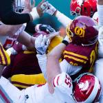 The ball pops loose after a hard tackle during the 3A quarterfinal game against Odea on Saturday, Nov. 19, 2022 in Seattle, Washington. (Olivia Vanni / The Herald)