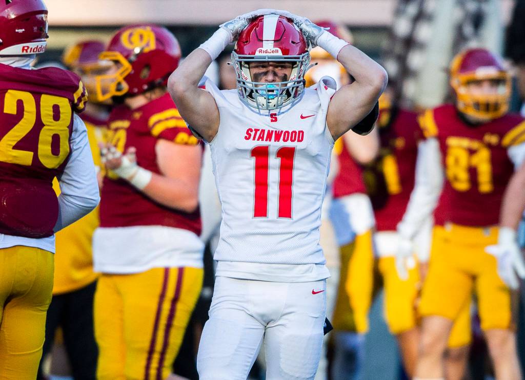 Stanwoods Jordin Lee reacts to a turnover during the 3A quarterfinal game against Odea on Saturday, Nov. 19, 2022 in Seattle, Washington. (Olivia Vanni / The Herald)