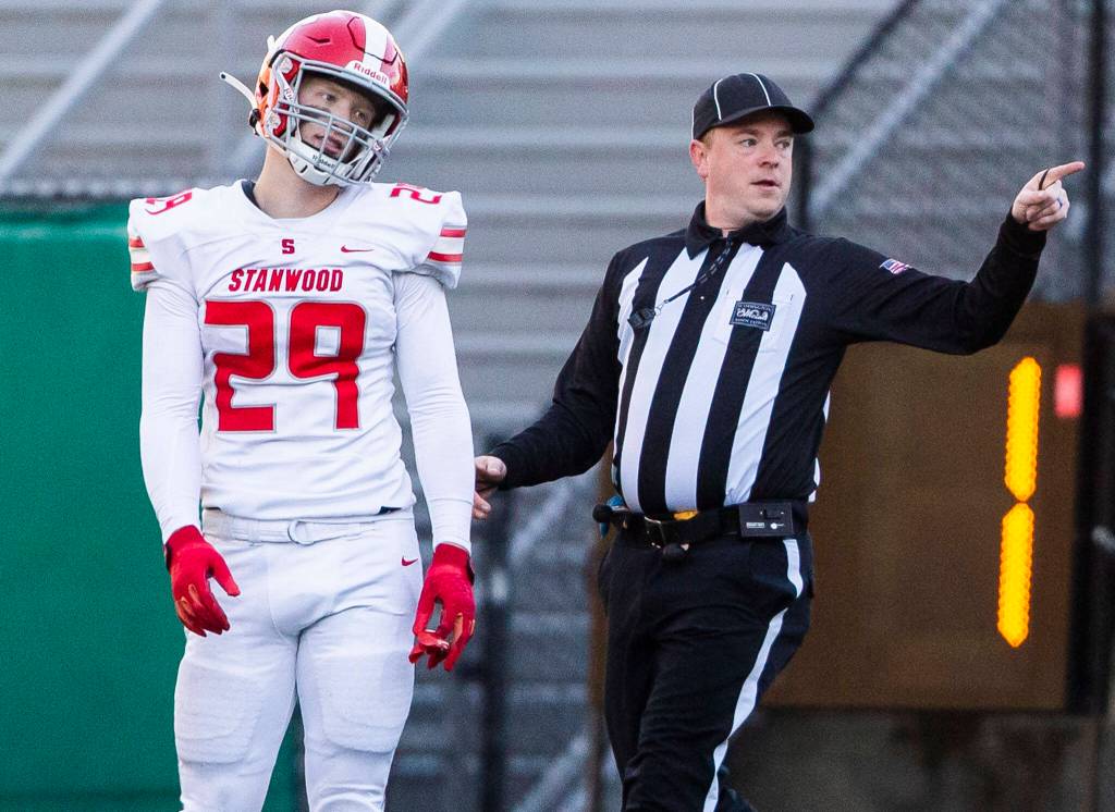 Stanwoods Caden Caldero reacts to the referees unsportsmanlike like conduct call during the 3A quarterfinal game against Odea on Saturday, Nov. 19, 2022 in Seattle, Washington. (Olivia Vanni / The Herald)