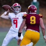 Stanwoods Luke Brennan throws the ball during the 3A quarterfinal game against Odea on Saturday, Nov. 19, 2022 in Seattle, Washington. (Olivia Vanni / The Herald)