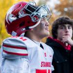 Tears run down the cheek of Stanwoods Nathan Guerra after losing the 3A quarterfinal game against Odea on Saturday, Nov. 19, 2022 in Seattle, Washington. (Olivia Vanni / The Herald)