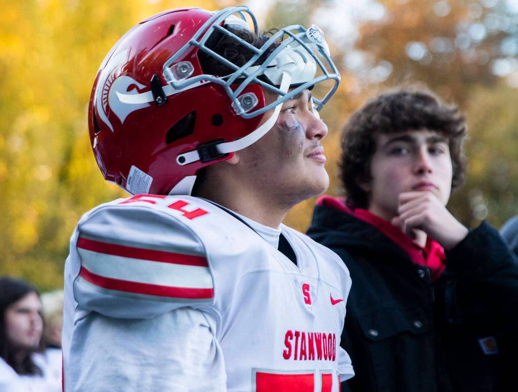 Tears run down the cheek of Stanwoods Nathan Guerra after losing the 3A quarterfinal game against Odea on Saturday, Nov. 19, 2022 in Seattle, Washington. (Olivia Vanni / The Herald)