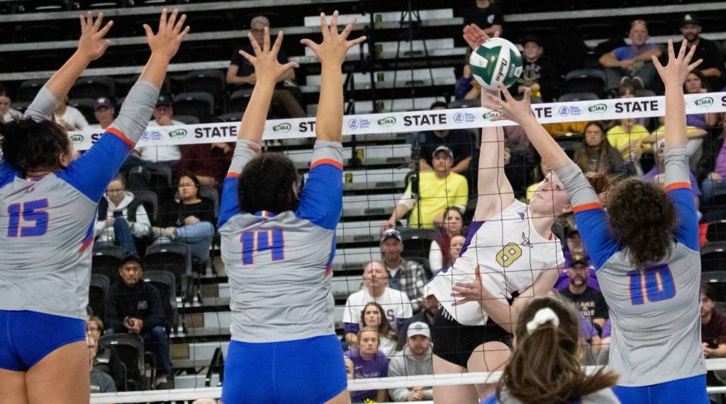 Lake Stevens Peri Hoshock (8) hits through Graham-Kapowsins Hailey Brockway (15), Manaia Toa (14) and Kylee Harris (10) during the WIAA state volleyball championship on Saturday, Nov. 19, 2022, at the Yakima Valley SunDome. (TJ Mullinax/ For The Herald)