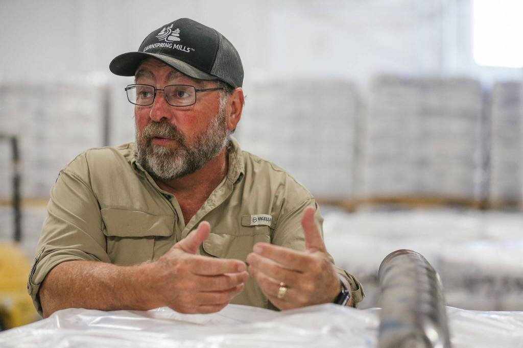 Kevin Morse, CEO, in the production facility of Cairnspring Mills on Sept. 20, in Burlington. (Kevin Clark / The Herald)