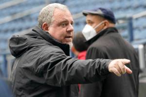 Garth Lagerwey, general manager of United States' MLS soccer Seattle Sounders, gestures during training, Tuesday, May 3, 2022, in Seattle, the day before a CONCACAF Champions League final soccer match against Mexico's Pumas. (AP Photo/Ted S. Warren)