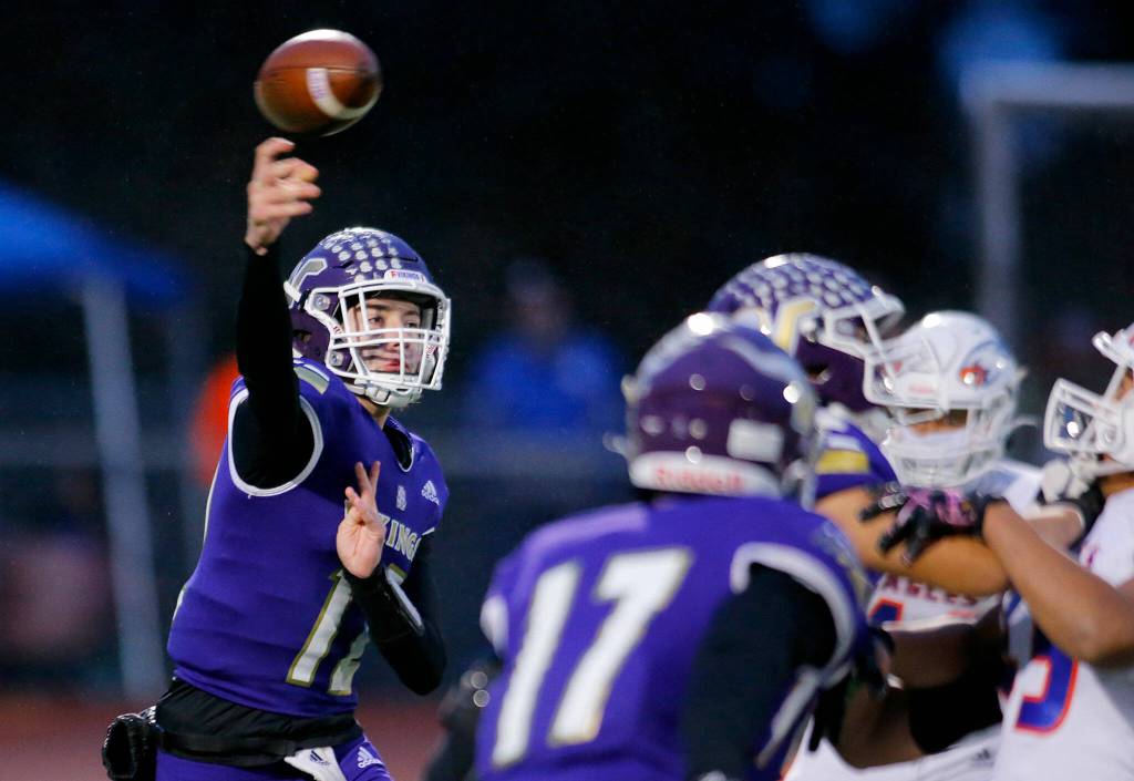 Lake Stevens quarterback Kolton Matson had several big completions on third and fourth downs. (Ryan Berry / The Herald)
