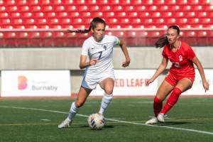 Western Washington's Dayana Diaz (left), a Granite Falls High School graduate, dribbled the ball during a game against Simon Fraser on Oct. 8, 2022, in Burnaby, B.C. (Photo provided by WWU)