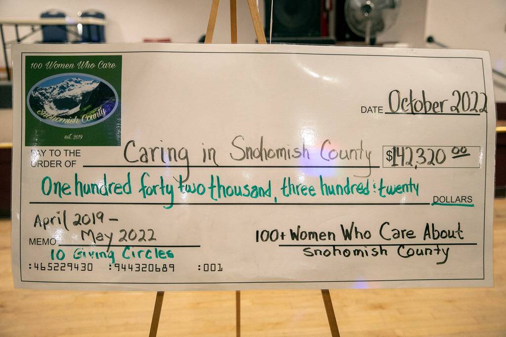 A check for more than $142,000, the amount raised since the group started but not including the funds raised at the October meeting, is displayed during 100+ Women Who Care About Snohomish Countys Giving Circle meeting at the Sons of Norway Normanna Lodge in Everett. (Ryan Berry / The Herald)