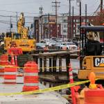 Construction along 196th Street SW in Lynnwood on October 28, 2021. (Kevin Clark / The Herald)