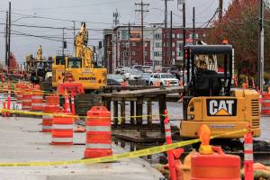 Construction along 196th Street SW in Lynnwood on October 28, 2021. (Kevin Clark / The Herald)