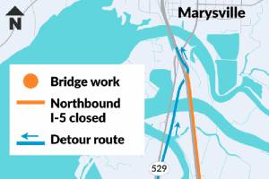 Crews will reduce lanes and eventually close northbound Interstate 5 between Everett and Marysville this week to work on a bridge overpass girder. (Washington State Department of Transportation)
