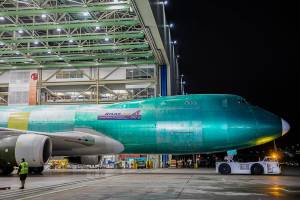 The final 747 is rolled out of the factory on Tuesday, Dec. 6, 2022 in Everett, Washington. (Olivia Vanni / The Herald)