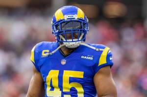 Los Angeles Rams linebacker Bobby Wagner (45) against the San Francisco 49ers in an NFL football game, Sunday, Oct. 30, 2022, in Inglewood, Calif. The 49ers won 31-14. (AP Photo/Jeff Lewis)