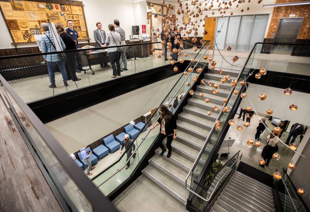People explore the new Marysville Civic Center during an open house on Tuesday, in Marysville. (Olivia Vanni / The Herald)