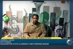 A screenshot of Jorrell Hicks at a state Clemency and Pardons Board hearing on Thursday, Dec. 8, 2022. (TVW)