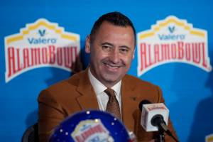 Texas head coach Steve Sarkisian takes part in a news conference for the Alamo Bowl NCAA college football game, Thursday, Dec. 8, 2022, in San Antonio. Texas will play Washington in this year's Alamo Bowl. (AP Photo/Eric Gay)