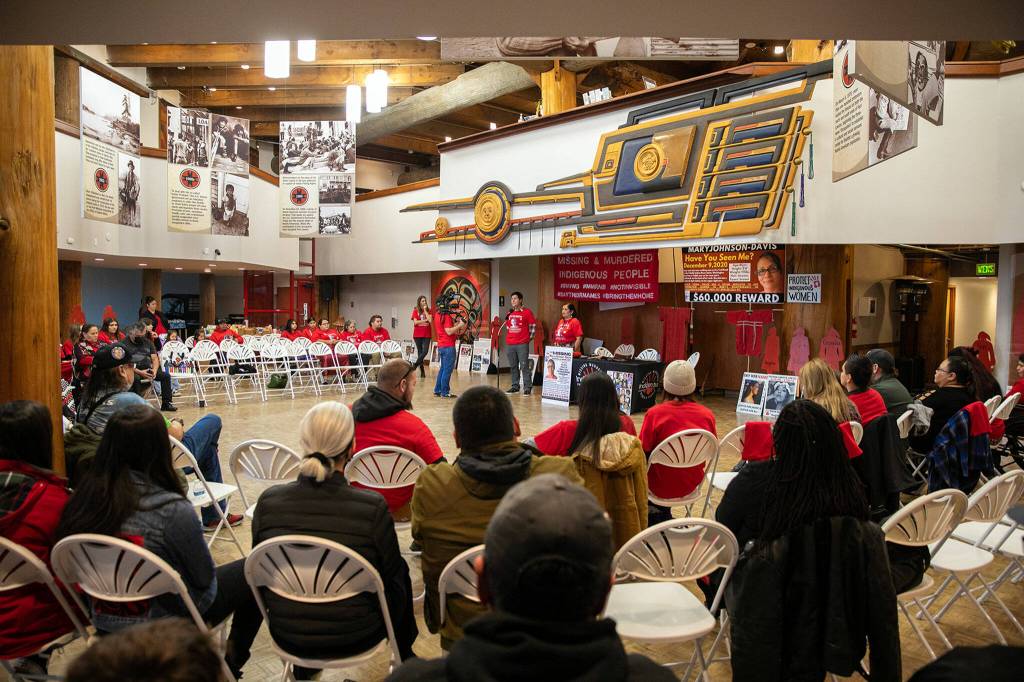 Indigenous rights attorney Gabriel Galanda offers a passionate speech during a gathering marking two years since the disappearance of Mary Ellen Johnson-Davis on Dec. 11, at Daybreak Star Indian Cultural Center in Seattle. (Ryan Berry / The Herald)