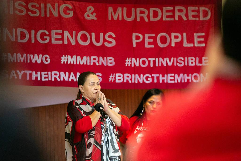 Tulalip Tribal Chairperson Teri Gobin briefly speaks during a gathering marking two years since the disappearance of Mary Ellen Johnson-Davis on Dec. 11, at Daybreak Star Indian Cultural Center in Seattle. (Ryan Berry / The Herald)