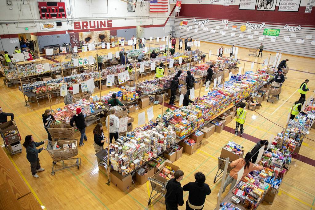 Volunteers weave their way through thousands of food items while filling boxes for families during Cascades annual holiday food drive Wednesday, Dec. 14, at Cascade High School in Everett. (Ryan Berry / The Herald)