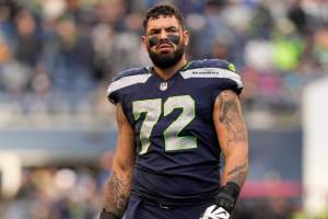 Seattle Seahawks offensive tackle Abraham Lucas (72) walks off the field during an NFL football game against the Las Vegas Raiders, Sunday, Nov. 27, 2022, in Seattle, WA. The Raiders defeated the Seahawks 40-34. (AP Photo/Ben VanHouten)