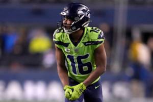 Seattle Seahawks wide receiver Tyler Lockett (16) against the San Francisco 49ers during the first half of an NFL football game in Seattle, Thursday, Dec. 15, 2022. (AP Photo/Marcio Jose Sanchez)