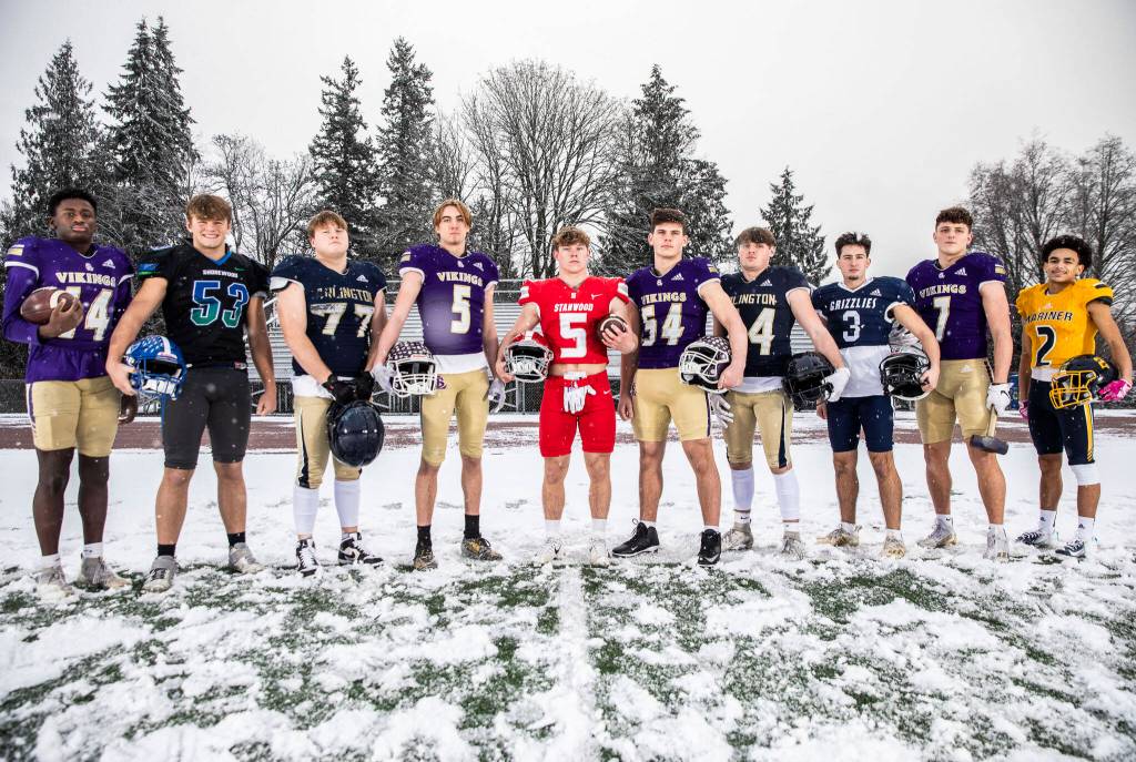 The Heralds All-Area first-team defense, from left to right: Lake Stevens senior Isaac Redford (DB), Shorewood senior Hunter Tibodeau (DL), Arlington senior Wyatt Tilton (DL), Lake Stevens senior Cole Becker (DL), Stanwood senior Ryder Bumgarner (DB), Lake Stevens junior Mason Turner (LB), Arlington senior Spencer Fischer (LB), Glacier Peak senior Austin Burns (DB), Lake Stevens senior Joe McGinnis (LB) and Mariner senior Macky James (DB). Not pictured: Marysville Pilchuck senior Christian Van Natta (DL), Monroe junior Biggie Notoa (LB) and Kamiak senior AJ Winsor (P). (Olivia Vanni / The Herald)