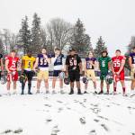 The Heralds All-Area first-team offense, from left to right: Arlington junior Jacoby Falor (All-purpose), Glacier Peak senior River Lien (QB), Stanwood senior Ryder Bumgarner (RB), Mariner senior Cartez Williams (RB), Lake Stevens senior Grant Lynch (OL), Glacier Peak senior Trey Leckner (WR), Archbishop Murphy senior Issiah Smith (OL), Lake Stevens senior Macray Flanders (K), Edmonds-Woodway junior Jesse Hart (WR), Stanwood senior Jeremiah Johnson (OL), Lake Stevens senior Aaron Parker (OL) and Glacier Peak senior Joe Johnson (OL). Not pictured: Lake Stevens senior Jayden Limar (RB) and Kamiak sophomore TAndre Waverly (TE). (Olivia Vanni / The Herald)