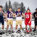 The first-team offensive linemen, from left to right: Glacier Peaks Joseph Johnson, Lake Stevens Grant Lynch, Lake Stevens Aaron Parker, Stanwoods Jeremiah Johnson and Archbishop Murphys Issiah Smith. (Olivia Vanni / The Herald)