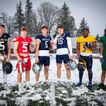 The Heralds All-Area first-team offense skill position group, from left to right: Arlington junior Jacoby Falor (all-purpose), Stanwood senior Ryder Bumgarner (RB), Glacier Peak senior River Lien (QB), Glacier Peak senior Trey Leckner (WR), Mariner Senior Cartez Williams (RB), Edmonds-Woodway junior Jesse Hart III (WR). Not pictured: Lake Stevens senior Jayden Limar (RB), Kamiak sophomore TAndre Waverly (TE). (Olivia Vanni / The Herald)