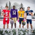 The first-team defensive backs, from left to right: Stanwoods Ryder Bumgarner, Lake Stevens Isaac Redford, Mariners Macky James and Glacier Peaks Austin Burns. (Olivia Vanni / The Herald)