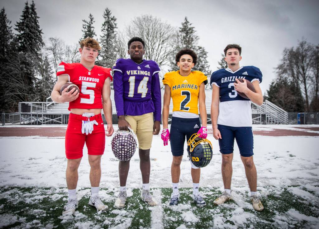 The first-team defensive backs, from left to right: Stanwoods Ryder Bumgarner, Lake Stevens Isaac Redford, Mariners Macky James and Glacier Peaks Austin Burns. (Olivia Vanni / The Herald)