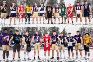 Top photo: The Herald’s All-Area first-team offense, from left to right: Arlington junior Jacoby Falor (All-purpose), Glacier Peak senior River Lien (QB), Stanwood senior Ryder Bumgarner (RB), Mariner senior Cartez Williams (RB), Lake Stevens senior Grant Lynch (OL), Glacier Peak senior Trey Leckner (WR), Archbishop Murphy senior Issiah Smith (OL), Lake Stevens senior Macray Flanders (K), Edmonds-Woodway junior Jesse Hart (WR), Stanwood senior Jeremiah Johnson (OL), Lake Stevens senior Aaron Parker (OL) and Glacier Peak senior Joseph Johnson (OL). Not pictured: Lake Stevens senior Jayden Limar (RB) and Kamiak sophomore T’Andre Waverly (TE). Bottom photo: The Herald’s All-Area first-team defense, from left to right: Lake Stevens senior Isaac Redford (DB), Shorewood senior Hunter Tibodeau (DL), Arlington senior Wyatt Tilton (DL), Lake Stevens senior Cole Becker (DL), Stanwood senior Ryder Bumgarner (DB), Lake Stevens junior Mason Turner (LB), Arlington senior Spencer Fischer (LB), Glacier Peak senior Austin Burns (DB), Lake Stevens senior Joe McGinnis (LB) and Mariner senior Macky James (DB). Not pictured: Marysville Pilchuck senior Christian Van Natta (DL), Monroe junior Biggie Notoa (LB) and Kamiak senior AJ Winsor (P). (Olivia Vanni / The Herald)