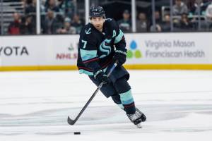 Seattle Kraken forward Jordan Eberle skates with the puck during an NHL hockey game against the Montreal Canadiens, Tuesday, Dec. 6, 2022, in Seattle. The Canadiens won 4-2. (AP Photo/Stephen Brashear)