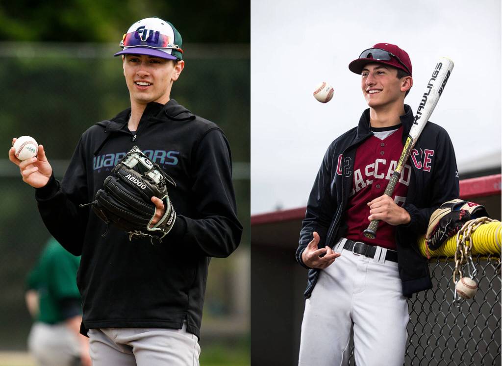Edmonds-Woodway High School grad Nick Hull (left) and Cascade grad Brett Gillis. Hull was selected in the seventh round of the 2022 MLB Draft by the Chicago Cubs and Gillis went to the Houston Astros in the eighth round. (Herald file photos)