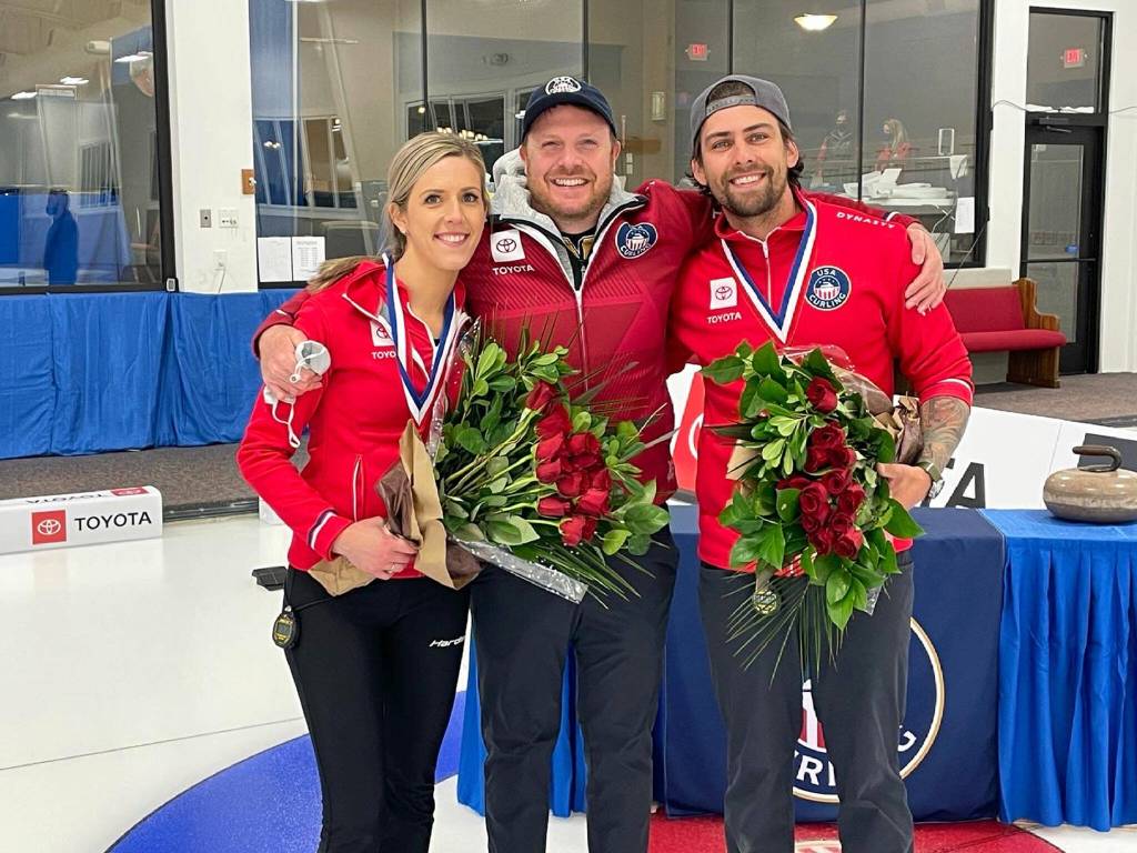 Edmonds native Sean Beighton (middle) coached two U.S. curling teams at the 2022 Winter Olympics. (Photo courtesy of Sean Beighton)