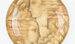 Viktor Schreckengost worked for Cowan briefly and created some of their most memorable designs. This earthenware plate shows the art deco style of the early 1930s.