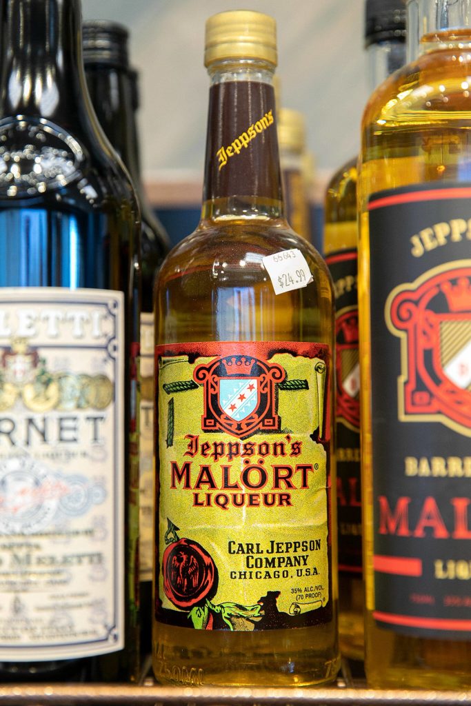 A bottle of Jeppsons Malört  a Swedish liquor savored by two-fisted drinkers  is stocked on the shelf at the Evergreen QFC on Oct. 13, 2022, in Everett. (Ryan Berry / The Herald)
