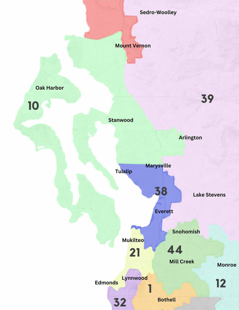 Washington State legislative districts map for 2023. (Kate Erickson / The Herald)