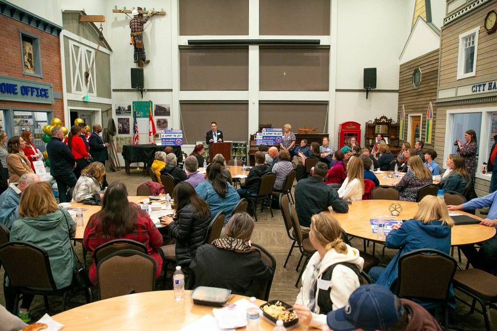 Marysville Mayor Jon Nehring speaks before a packed house during a campaign event in support of Marysville School Districts proposed levy on Jan. 5, at the Marysville Historical Society Museum in Marysville. (Ryan Berry / The Herald)