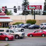 Drivers navigate through traffic at the intersection of Highway 9 and SR-204 on Thursday, June 16, 2022 in Lake Stevens, Washington. (Olivia Vanni / The Herald)