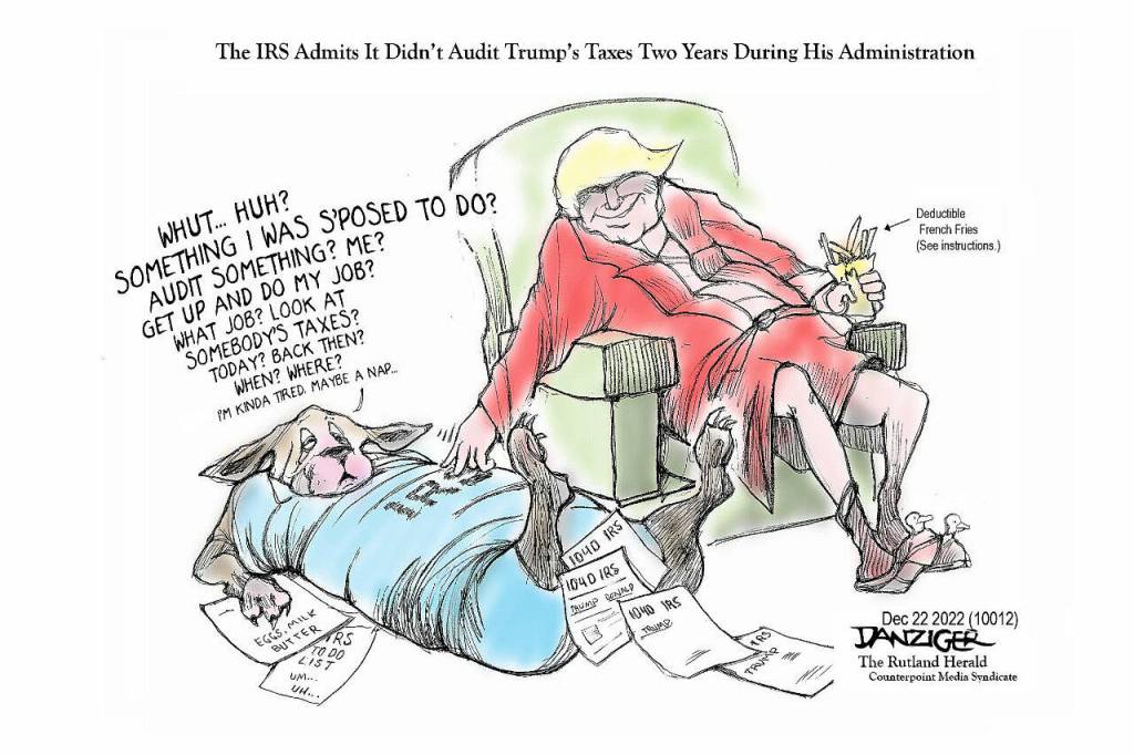 Trump taxes, IRS, 2020, 2021, political cartoon