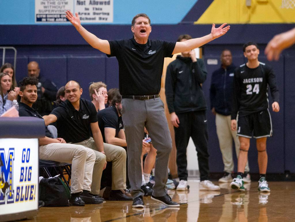 Jackson head coach Steve Johnson reacts to a call during the game against Mariner on Wednesday in Everett. (Olivia Vanni / The Herald)