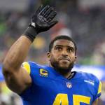 Los Angeles Rams linebacker Bobby Wagner (45) waves towards the stands during an NFL football game against the Denver Broncos, Sunday, Dec. 25, 2022, in Inglewood, Calif. (AP Photo/Kyusung Gong)
