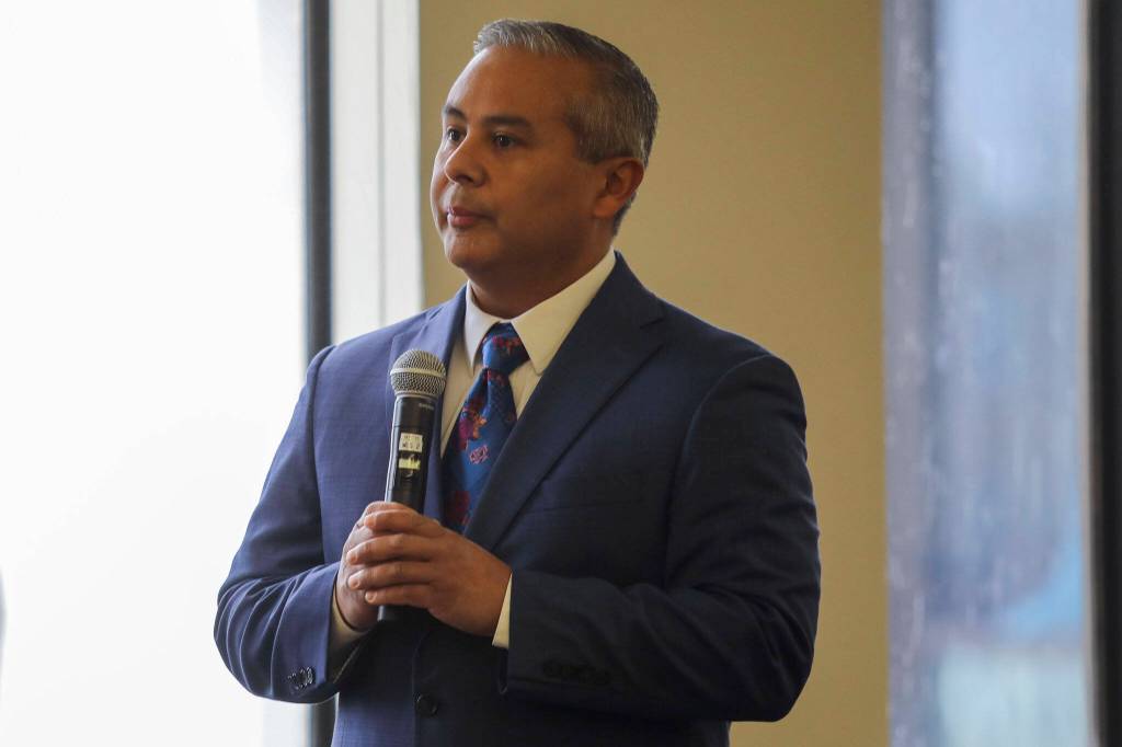 Hector Plata speaks in support of Ilya Hrudzko during the sentencing of Hrudzko, who drove into a tree in Stanwood in 2020 and killed his passenger, on Monday at Snohomish County Superior Court in Everett. (Annie Barker / The Herald)