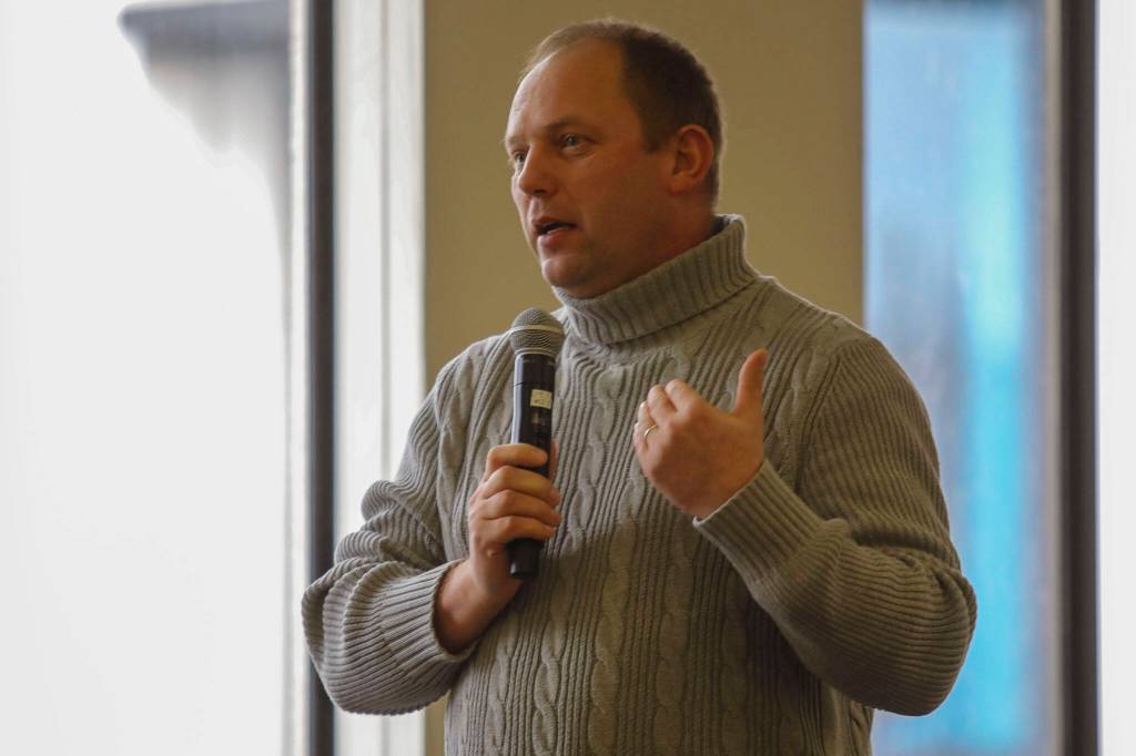 Andrey Murza speaks in support of Ilya Hrudzko during the sentencing of Hrudzko, who drove into a tree in Stanwood in 2020 and killed his passenger, on Monday at Snohomish County Superior Court in Everett. (Annie Barker / The Herald)