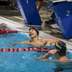 Kamiaks Ryan Chai reacts to winning heat two of the 100 yard backstroke during the Jackson vs. Kamiak boys swim and dive meet at West Coast Aquatics in Mill Creek, Washington on Tuesday Jan. 10, 2023. (Annie Barker / The Herald)