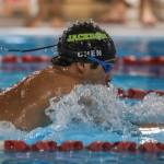 Jacksons Ethan Chen-Park wins heat two of the 100 yard breaststroke during the Jackson vs. Kamiak boys swim and dive meet at West Coast Aquatics in Mill Creek, Washington on Tuesday Jan. 10, 2023. (Annie Barker / The Herald)