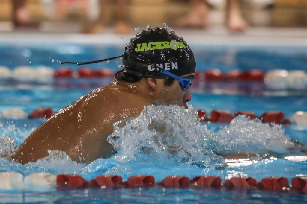 Jacksons Ethan Chen-Park wins heat two of the 100 yard breaststroke during the Jackson vs. Kamiak boys swim and dive meet at West Coast Aquatics in Mill Creek, Washington on Tuesday Jan. 10, 2023. (Annie Barker / The Herald)